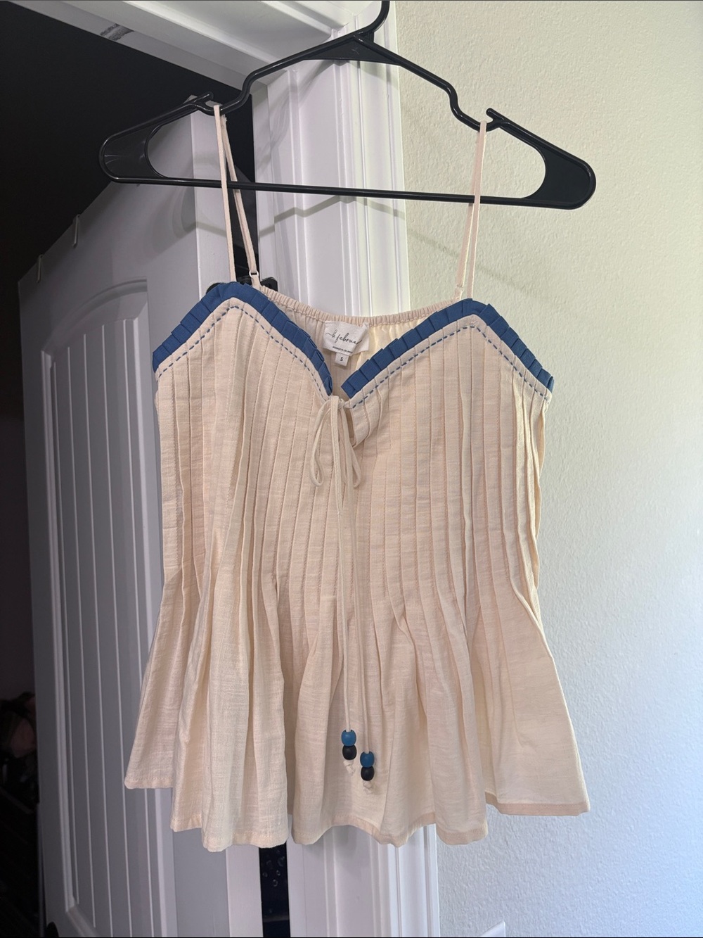 Cream Spaghetti-Strap Cami with Blue Trim